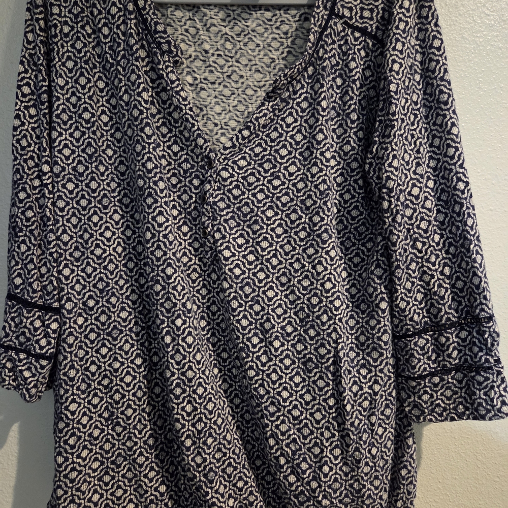Lucky Brand Navy and White Geometric V-Neck Tunic